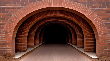 Brick Archway Tunnel Mystery: A captivating perspective down a long corridor of repeating brick arches, creating a sense of depth, mystery, and architectural intrigue.