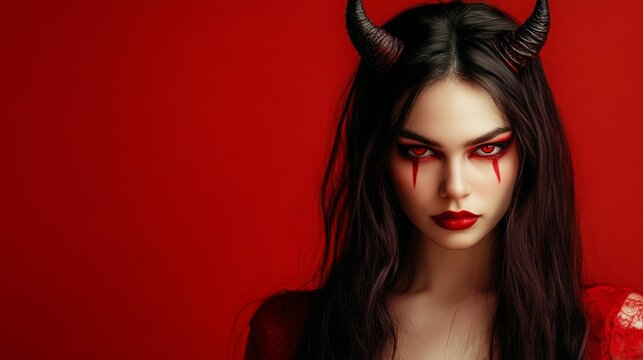 Mysterious woman in devil horns and red makeup against a bold red background.