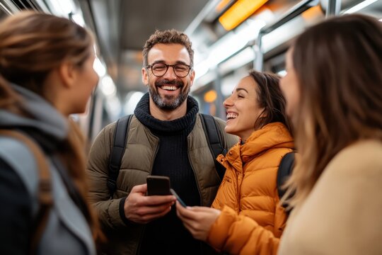 A joyful exchange takes place among three commuters inside a subway car, highlighting the social dynamics of urban commuting, connection, and shared experiences.