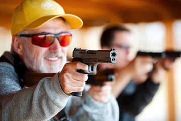 An elderly man in a yellow cap and sunglasses is practicing shooting at a targeting range using a handgun, with others practicing in the background.