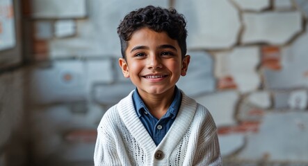 Fototapeta premium Hispanic kid happy wearing white cardigan looking on camera