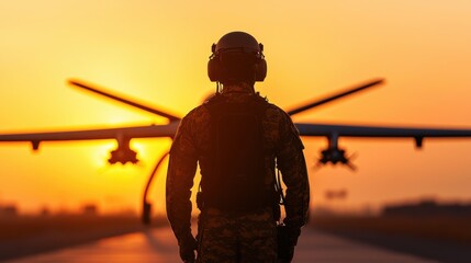 A silhouette of a soldier stands before a drone against a vibrant sunset, symbolizing military technology and aerial defense.