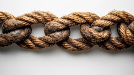 Twisted and Knotted Natural Rope with Textured Fibers Arranged in a Close-Up Display on a Clean White Background for Artistic or Nautical Themes