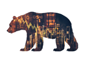 Bear silhouette overlaid with financial market data on a dark background.