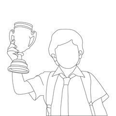 School Boy holding a trophy Line Art vector design. School Boy holding a trophy outline illustration design.