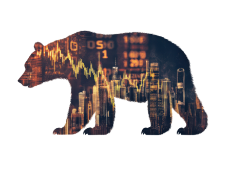 Bear silhouette overlaid with financial market data on a dark background.