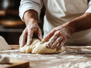 Artisan baker's hands kneading dough on a wooden surface in a classic kitchen, emphasizing the traditional methods and craftsmanship involved in bread-making.