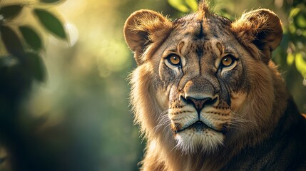 Lioness emerging from blurred green foliage in warm sunlight