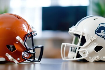 Fototapeta premium This image features two football helmets placed on a table in a bright room. The helmets, in contrasting colors, stand out against the light-filled space.