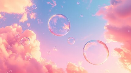 Pastel dreams: Soap bubbles float in a sky of pink and blue.