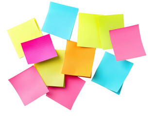 A vibrant collection of colorful sticky notes in various shades, showcasing a playful arrangement on white background , cut out.	