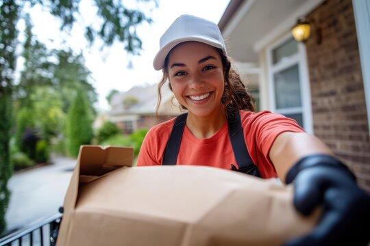 A cheerful delivery woman extends a package to the viewer, standing on a suburban doorstep, showcasing the friendliness and efficiency of modern delivery services.