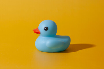 Blue rubber ducky on a yellow background