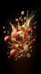 Explosive food action nuts and caramel splatter dark background high-quality photography creative concept