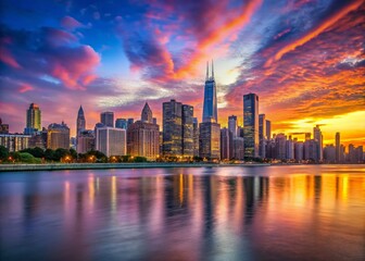 Obraz premium Chicago Dawn Skyline: Breathtaking Cityscape at Sunrise - Amazing Panoramic View