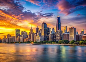Fototapeta premium Chicago Skyline Panorama: Stunning Cityscape, Breathtaking View, Lake Michigan, Magnificent Mile, Downtown Chicago
