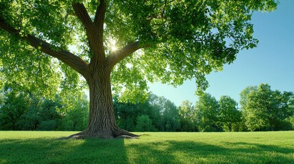 Fototapeta premium Majestic Oak Tree Shading Lush Green Field with Sunlight Piercing Through Foliage
