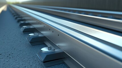 Obraz premium A close-up of a high-speed rail track with precision-engineered rails and sleepers, emphasizing advanced infrastructure