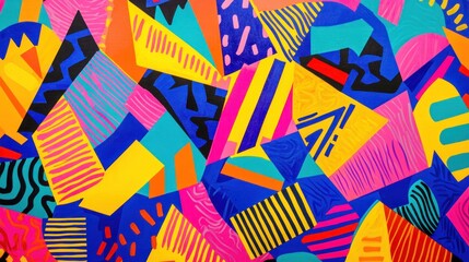 A vibrant background pattern with bold geometric shapes, creating an energetic and lively atmosphere