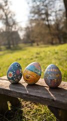 Colorful hand-painted easter eggs displayed on a rustic wooden bench in a sunlit garden, celebrating the joy and traditions of springtime