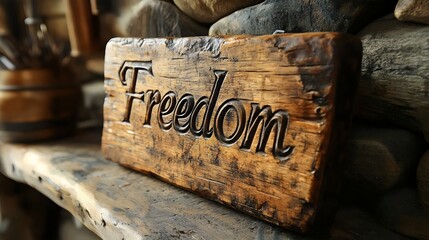 A wooden sign with the word freedom carved into it
