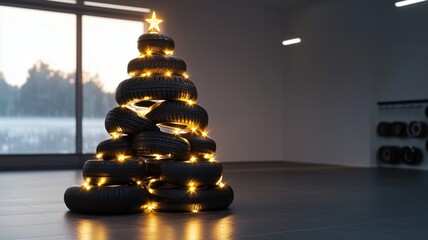 Obraz premium Christmas tree made of car tires with golden glowing lights, standing in a modern tire shop
