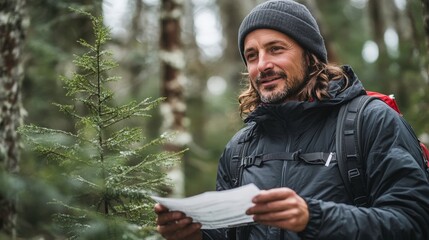 Adventurous Man Reading Map in Lush Forest Setting Surrounded by Green Trees and Nature, Embracing Outdoor Exploration and Trail Adventure with a Determined Expression