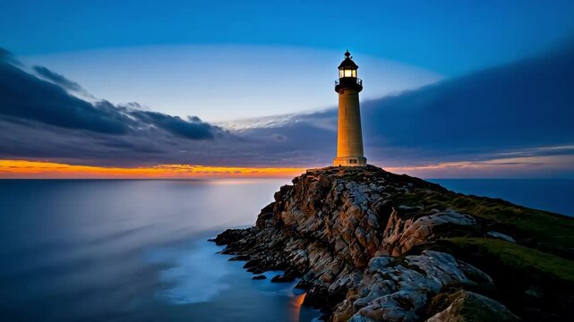 A tall structure stands on a rocky cliff, its glowing beacon piercing through the darkness of the night, casting a wide swath of light across the vast expanse of the ocean.