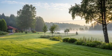 Obraz premium Beautiful summer nature landscape with green grass lawn and fog