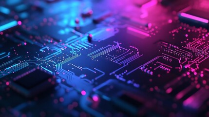 Highly Detailed Quantum Computing Chip with Blue and Purple Illuminating Quantum Circuits