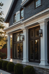Exterior view of a modern home's rear, showcasing dark gray brick, large windows, white columns supporting a portico, and landscaping.  The lighting fixtures are visible on the pillars.