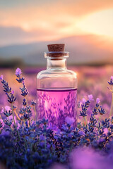 Glass bottle of lavender essential oil with fresh flowers. Flowering field on the background, sunset. Aromatherapy spa massage vertical concept. Lavendula oleum
