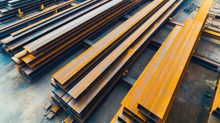 Aerial view of stacked steel beams, showcasing various sizes and textures in a construction yard.