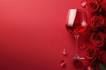 Glass of rose wine and some roses on a red background, with copy space to the left