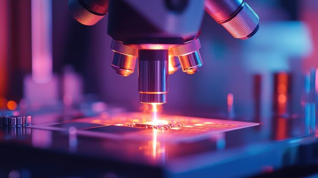 A close-up of a microchip under a microscope with a focus on its illuminated pathways and minuscule transistors