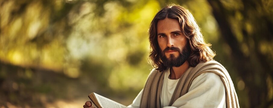 Jesus christ holding bible outdoors in nature
