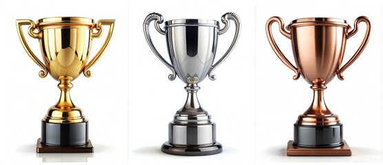 Set of three trophy cups for the first three winners. Gold, silver, bronze, and copper prize cup. isolated on a white background with a clipping path 
