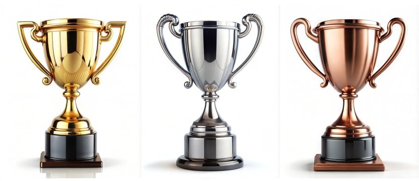 Set of three trophy cups for the first three winners. Gold, silver, bronze, and copper prize cup. isolated on a white background with a clipping path 