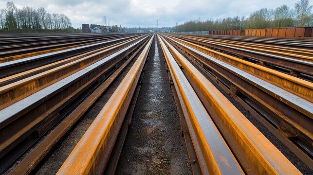 A wide view of parallel railway tracks stretching into the distance, surrounded by lush greenery under a cloudy sky.