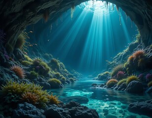 A dreamlike underwater cave with glowing algae and light beams