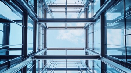 A modern architectural image showcasing a glass building from below, highlighting clear skies and structural elements.