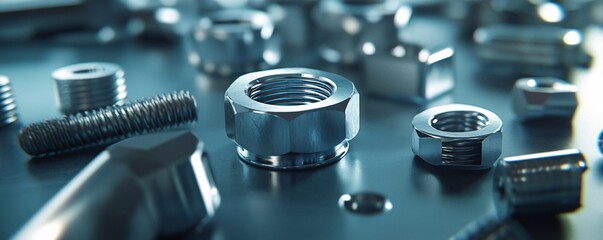 Shiny metal nuts and bolts creating industrial background