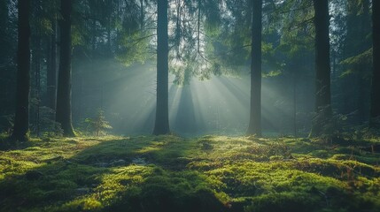 Obraz premium Sunbeams Through Misty Forest: A Serene Woodland Landscape