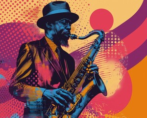 A stylized illustration of a man playing a saxophone, vibrant colors and abstract shapes in background.