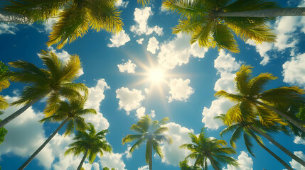 Tropical Paradise: Sunny Sky, Palm Trees, 3D Illustration