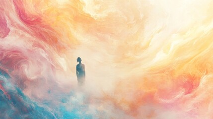 Dreamlike figure in a colorful, ethereal landscape. Generative AI