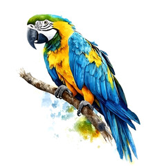 Fototapeta premium Colorful parrot perched on branch, watercolor illustration with copy space
