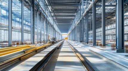 Fototapeta premium A spacious industrial interior featuring steel beams and tracks, illuminated by natural light, suggesting a modern construction or warehouse environment.