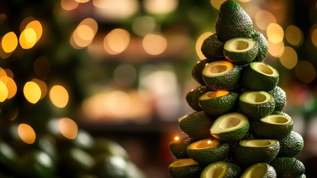 christmas tree avocado foot in a grocery supermarket with lights in a vegetable supermarket with golden glowing lights, copy space