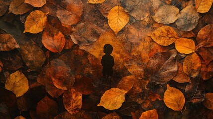 Silhouette of a child among autumn leaves in a forest. Generative AI